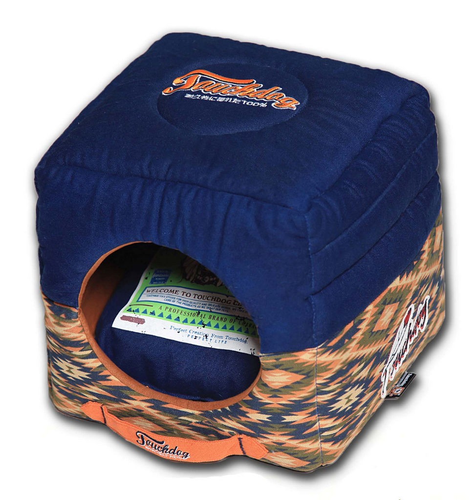 Touchdog 70's Vintage-Tribal Throwback Convertible and Reversible Squared 2-in-1 Collapsible Dog House Bed in Midnight Blue， Sandalwood  (One Size) - - Intensery