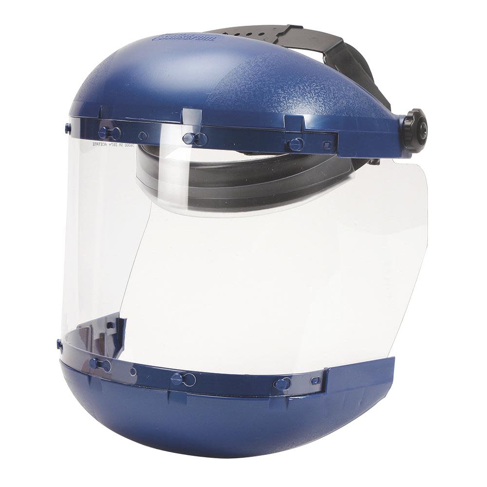 Dual Crown Safety Face Shield with Ratchet Headgear， Clear Tint， Uncoated， Blue Crown - Intensery