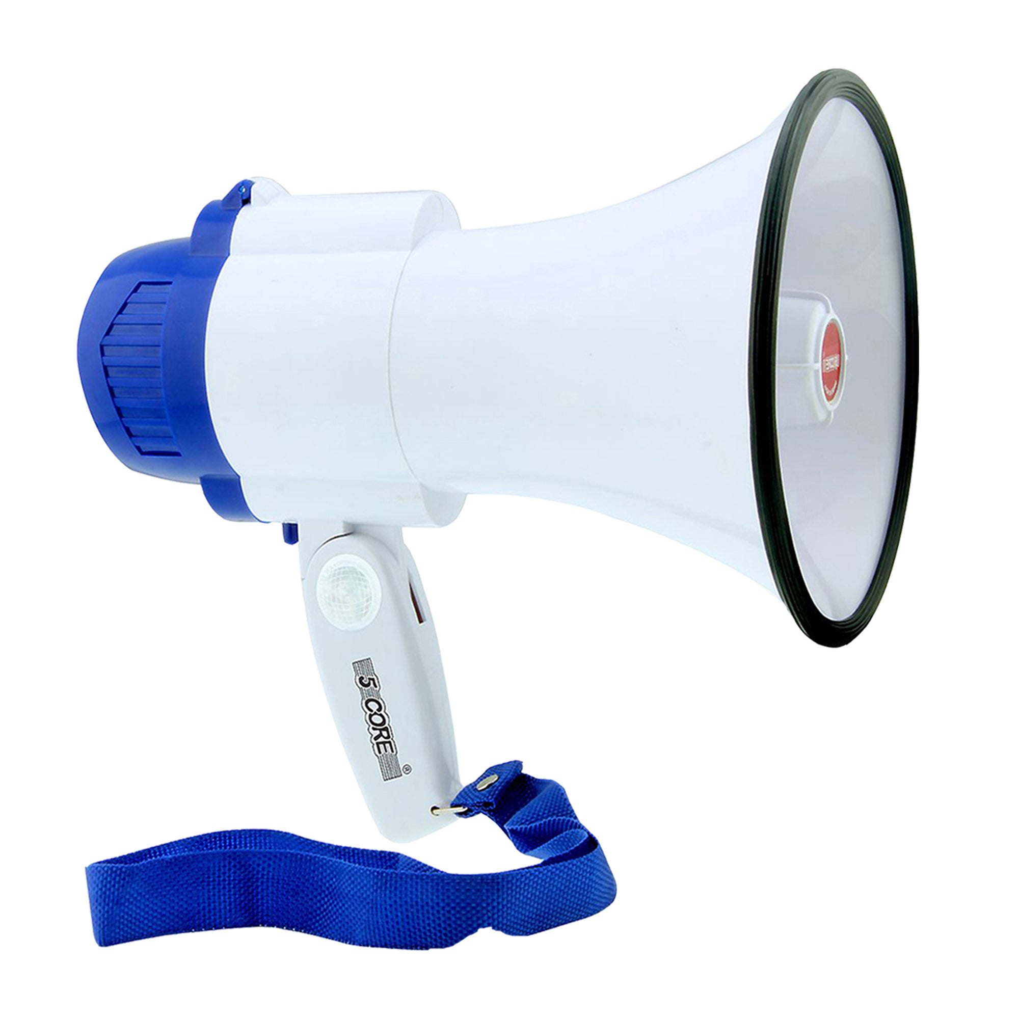 5 Core Megaphone 10W Voice Amplifier White-Blue | Cheer Megaphone with USB, SD Card Input| Recording, Volume Control, Siren Alarm| Battery Operated w/ - Intensery