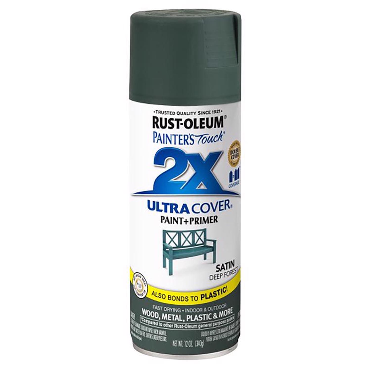 Rust-Oleum Painter\u0027s Touch 2X Ultra Cover Satin Deep Forest Paint+Primer Spray Paint 12 oz - Intensery