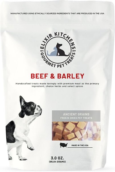 Elixir Kitchens Beef and Barley Freeze Dried Dog and Cat Treats， 3-oz bag - Intensery