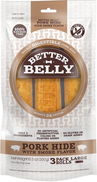 Better Belly Pork Hide Smoke Flavor Rolls Dogs Treats， Large， 3 Count - Intensery