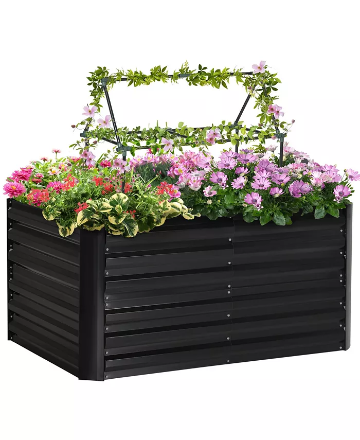 Outsunny Raised Garden Bed with 2 Trellis Tomato Cages， Galvanized Elevated Planter Box with Reinforcing Rods， Elevated Metal for Climbing Vines， Grap - Intensery