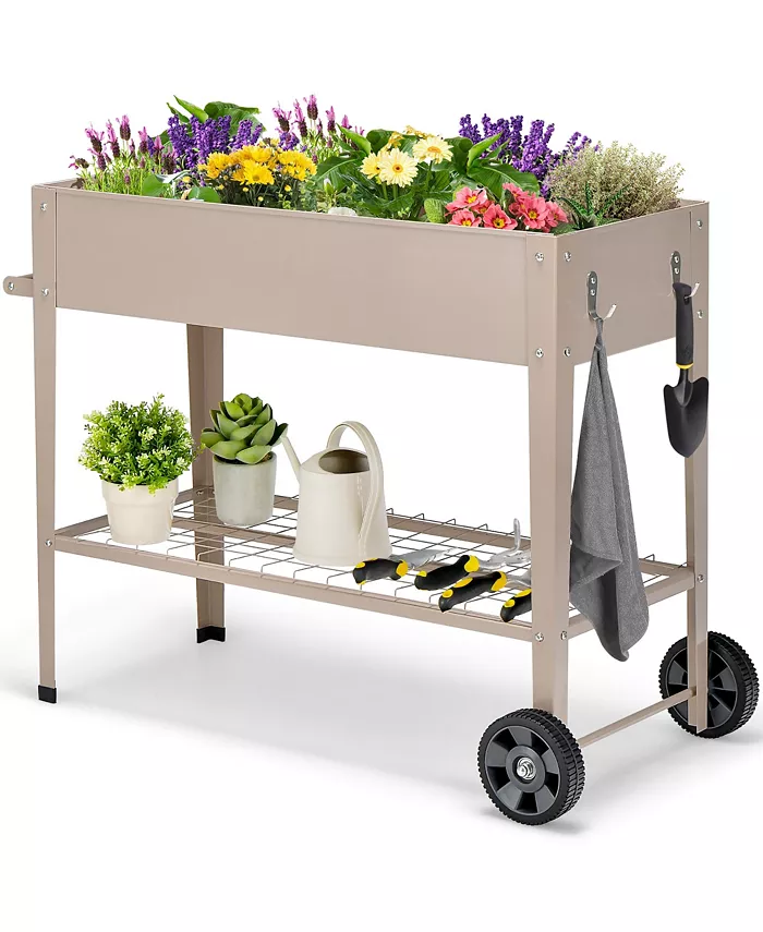 Costway Planter Box Raised Garden Bed Elevated on Wheels Steel Planter with Shelf Hooks - Intensery