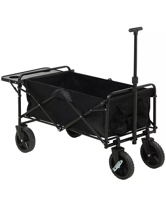 Outsunny Collapsible Wagon with Adjustable Handle， Folding Table and Cup Holders， Heavy Duty Garden Carts with Wheels， Black - Intensery