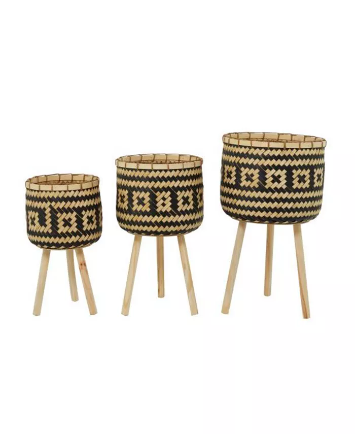 Rosemary Lane Bamboo Bohemian Planters with Stand， Set of 3 - Intensery