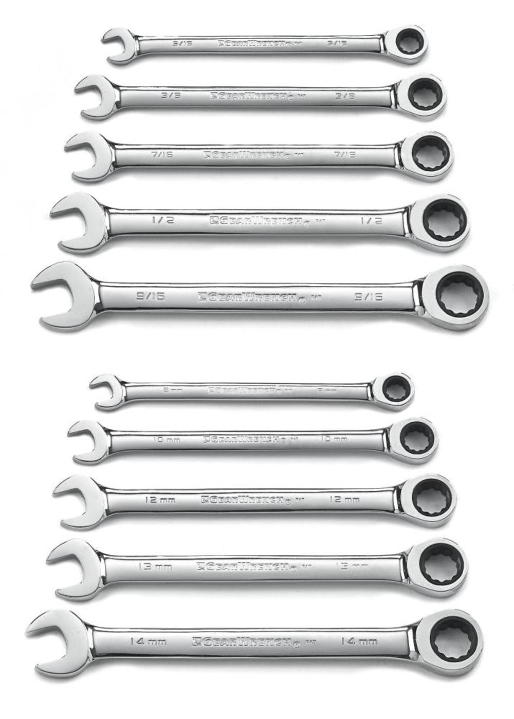 GEARWRENCH 10 Pc 12 Point Ratcheting Combination SAE/Metric Wrench Set 9418 from GEARWRENCH - Intensery