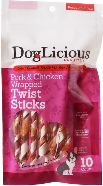 Canine's Choice DogLicious Chicken and Pork Wrapped Rawhide Twist Sticks Dog Treats， 10 count - Intensery