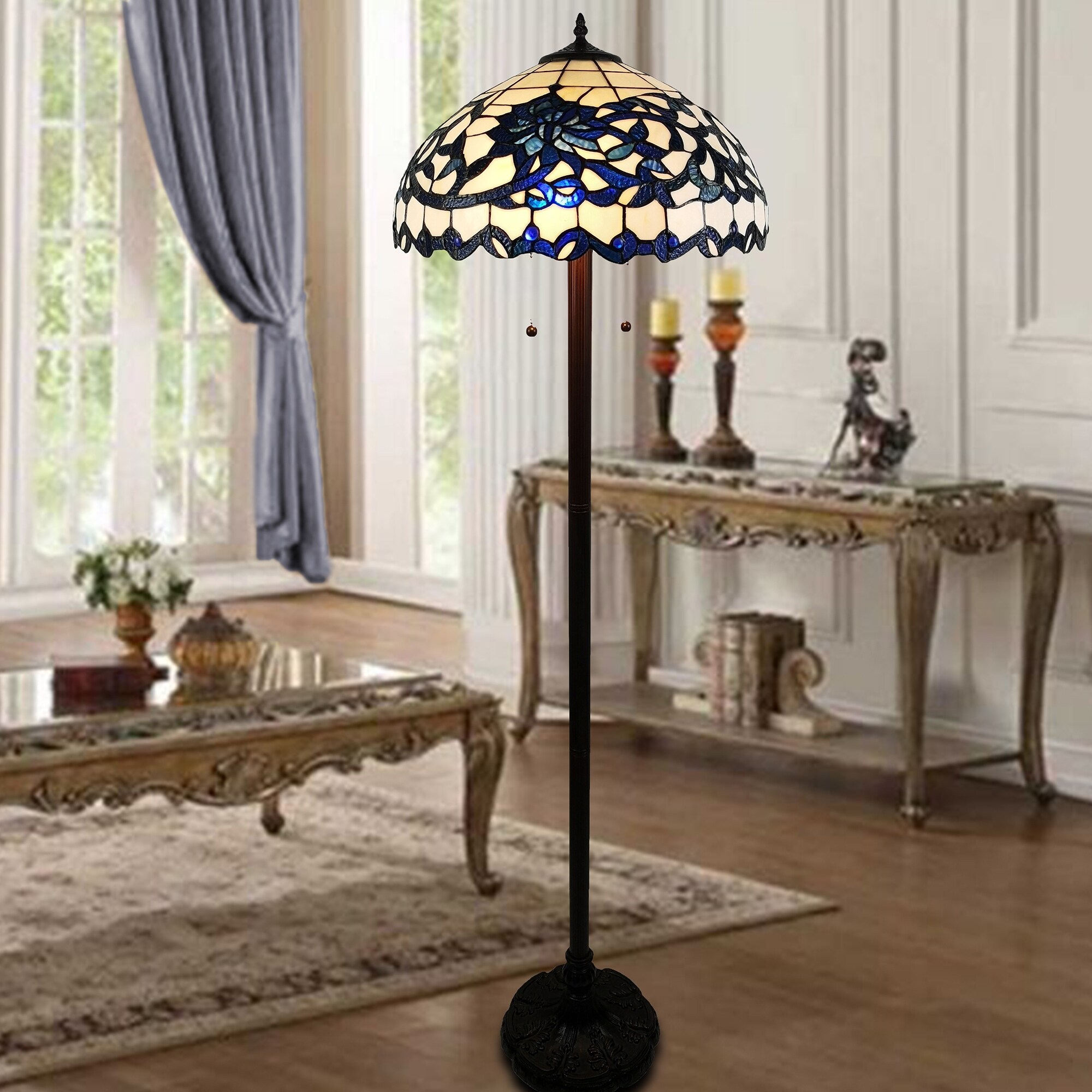 Rexi 18-inch Blue/White Flower Design Glass/Bronze Tiffany-Style Floor Lamp - Intensery