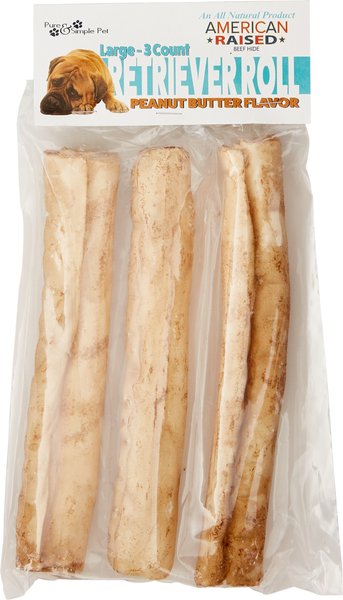 Pure and Simple Pet Peanut Butter Flavored Rawhide Retriever Roll Dog Treat， Large - Intensery