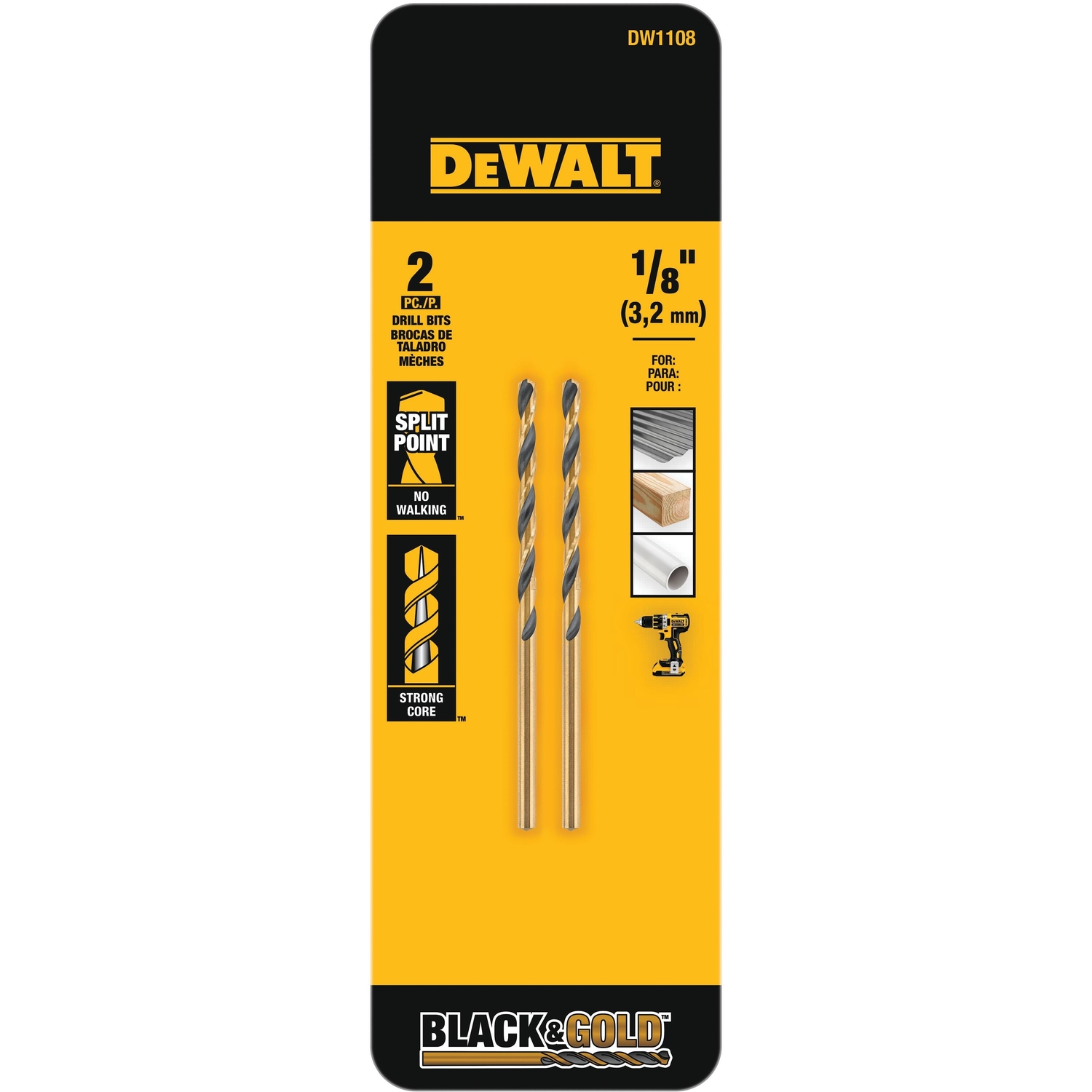 DeWalt Black \u0026 Gold 1/8 in. X 2.75 in. L High Speed Steel Split Point Drill Bit 2 pc - Intensery