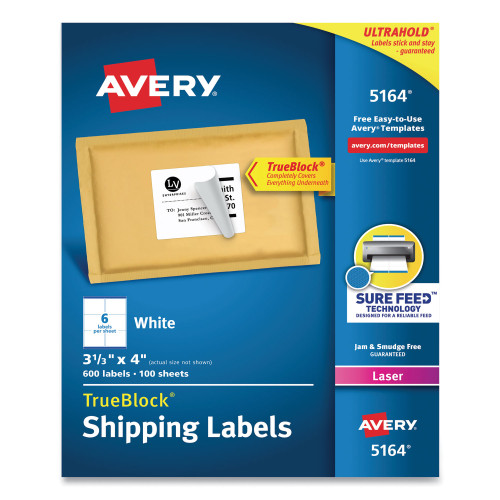 Avery Shipping Labels w/ TrueBlock Technology， Laser Printers， 3.33 x 4， White， 6/Sheet， 100 Sheets/Box (5164) - Intensery