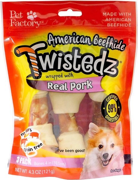 Pet Factory Twistedz 4 to 5-inch Beefhide Bones with Pork Flavored Wrap Dog Hard Chews， 3 count - Intensery