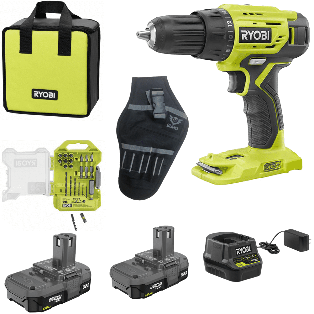 Ryobi Drill Set Bundle， 1/2 inch Drill/Driver with (2) 1.5 Ah Batteries， Charger， Drill Bits， Tool Bag and Buho Drill Holster - Intensery