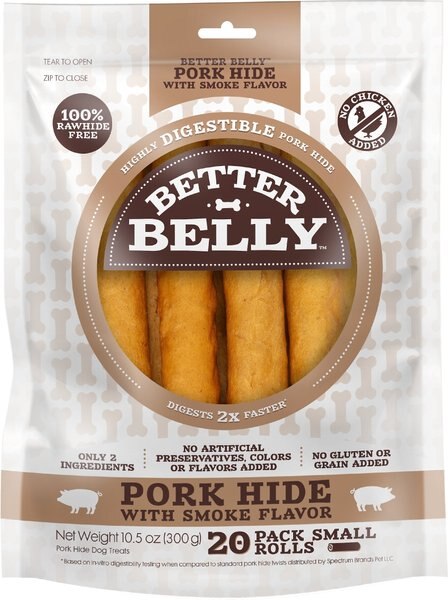 Better Belly Pork Hide Smoke Flavor Rolls Dogs Treats， Small， 20 count - Intensery
