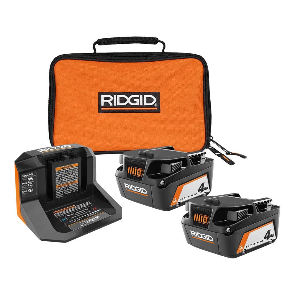 RIDGID 18V Lithium-Ion (2) 4.0 Ah Battery Starter Kit with Charger and Bag AC93044SBN - Intensery