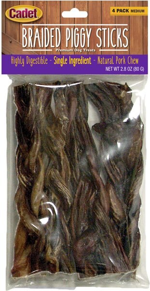 Cadet Braided Piggy Sticks  Dog Treats， 2.8-oz bag - Intensery