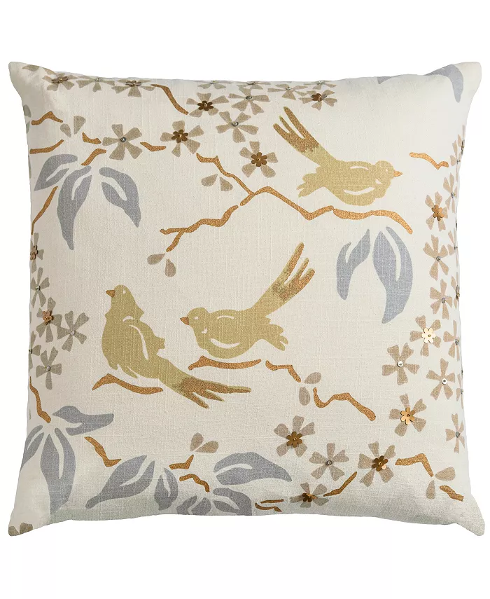 Rizzy Home Floral with Birds Polyester Filled Decorative Pillow， 18