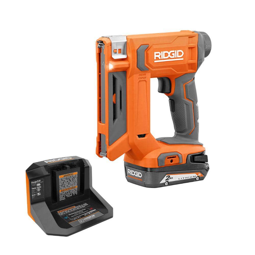 RIDGID 18V Cordless 3/8 in. Crown Stapler Kit with 2.0 Ah Battery and Charger R09897KN - Intensery