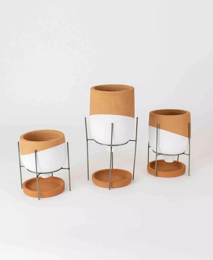 Kalalou Clay Pots On Wire Stands， Set of 3 - Intensery