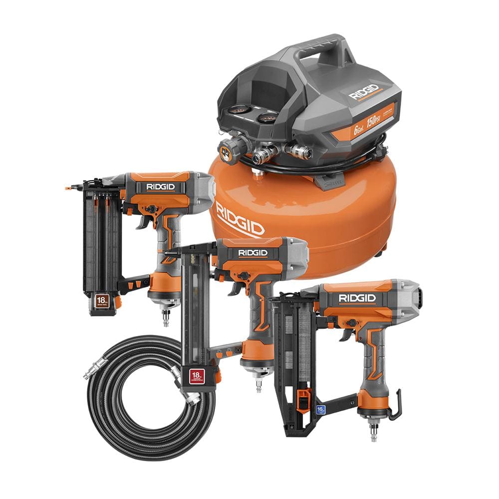RIDGID 6 Gal. Portable Electric Pancake Air Compressor w/ 18GA Brad Nailer, 16GA Straight Finish Nailer, & 18GA Finish Stapler R69603FK - Intensery