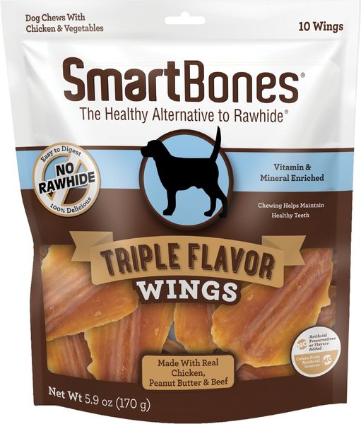 SmartBones Triple Flavor Wings Peanut Butter Dog Treats， 10 count - Intensery