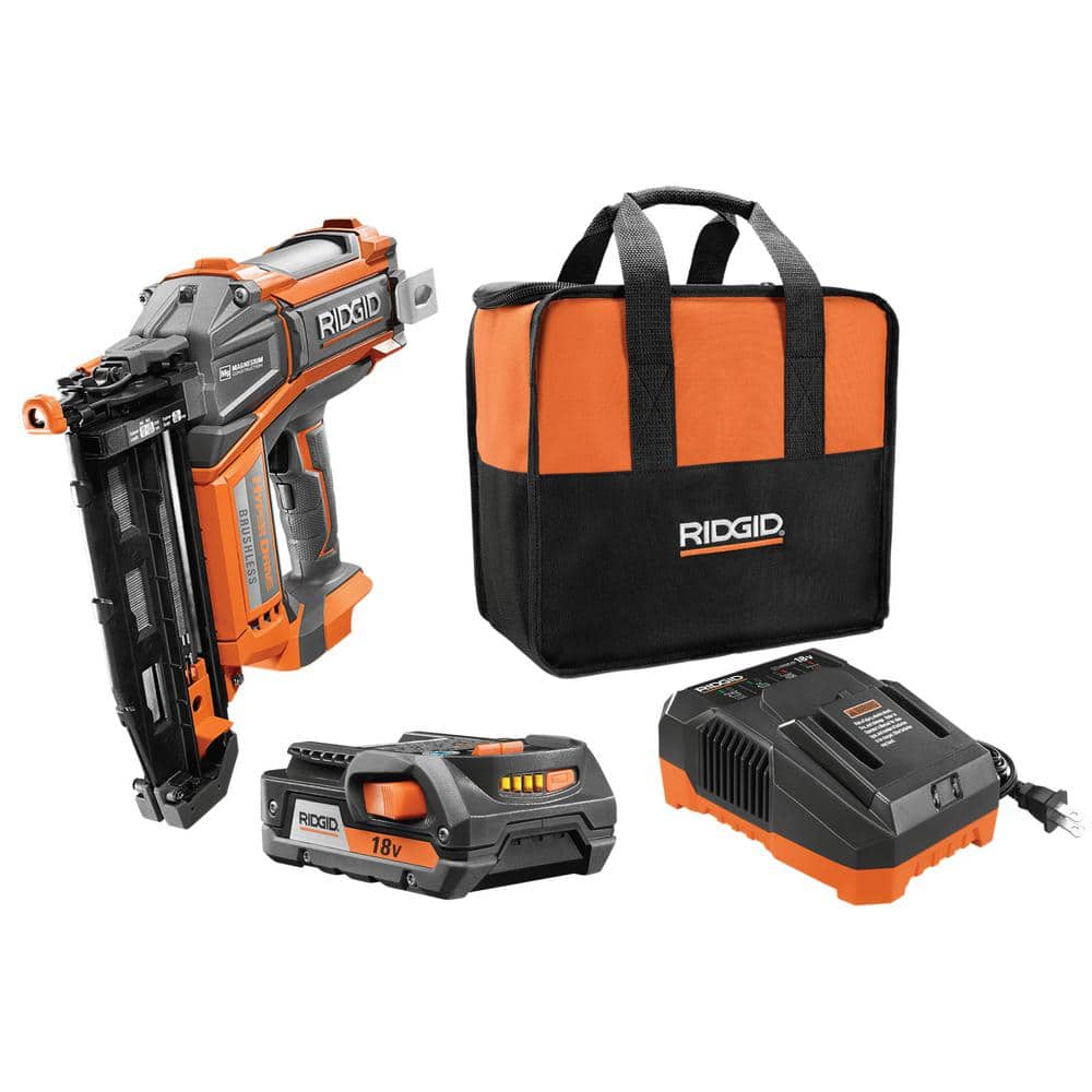 RIDGID 18V Brushless Cordless HYPERDRIVE 16-Gauge 2-1/2 in Straight Finish Nailer, 2 Ah Battery, Charger, Belt Clip and Bag R09892K - Intensery