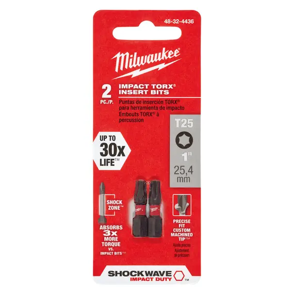 Milwaukee 2-Pack SHOCKWAVE Impact Torx T25 Insert Bits - Intensery