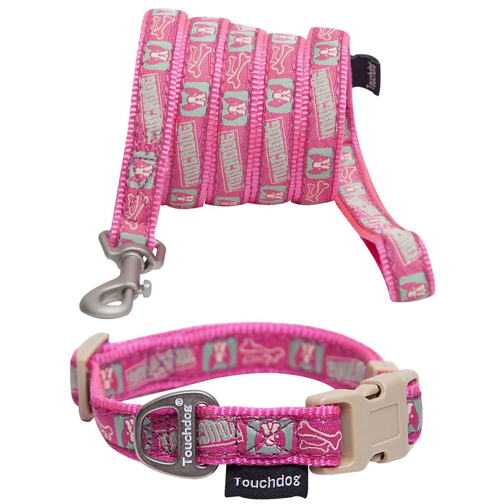 Touchdog 'Caliber' Designer Embroidered Fashion Pet Dog Leash And Collar Combination in Pink Pattern (Medium) - Pet Life CLSH1PKMD - Intensery