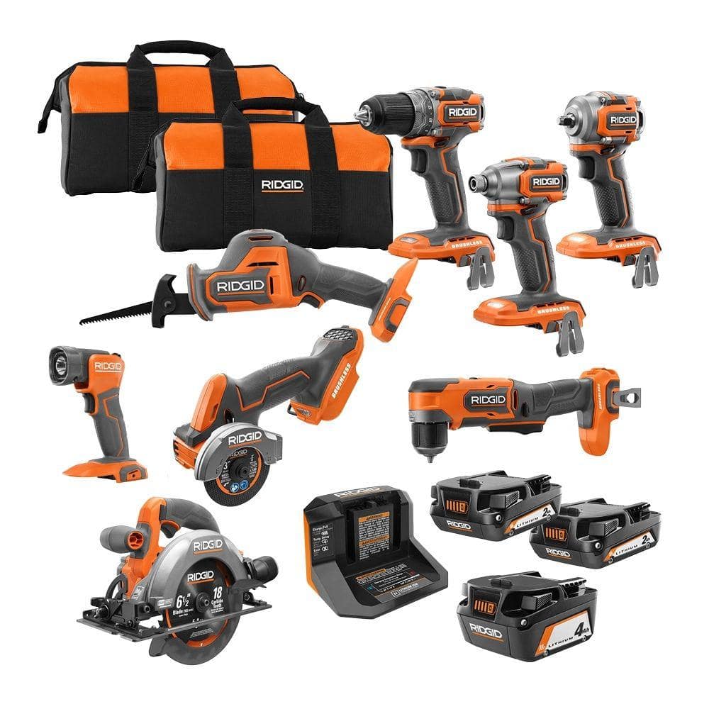 RIDGID 18V SubCompact Brushless Cordless 8-Tool Combo Kit with (2) 2.0 Ah Batteries, 4.0 Ah Battery, Charger, and Bag R96262N - Intensery
