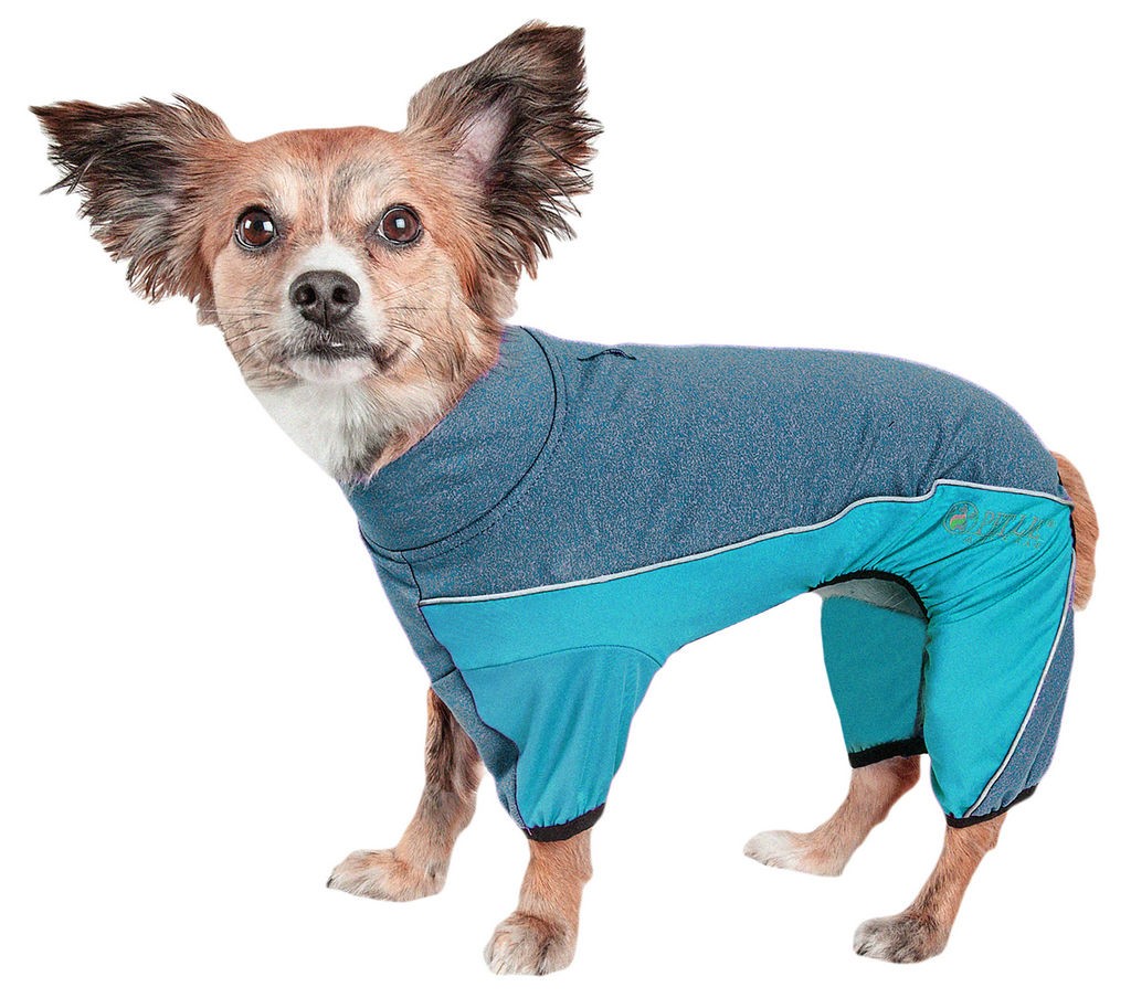 Pet Life Active 'Chase Pacer' Heathered Performance 4-Way Stretch Two-Toned Full Body Warm Up in Light Blue And Blue (X-small) - Pet Life YGHL6BLXS - Intensery