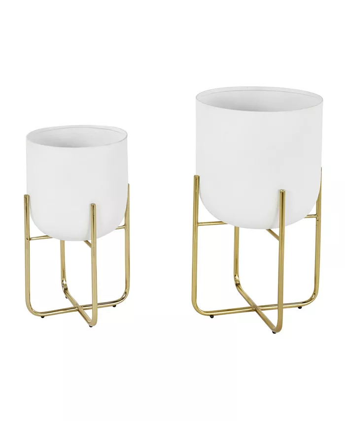 Rosemary Lane Contemporary Style Large Round Metallic Planters in Stands， Set of 2 - Intensery