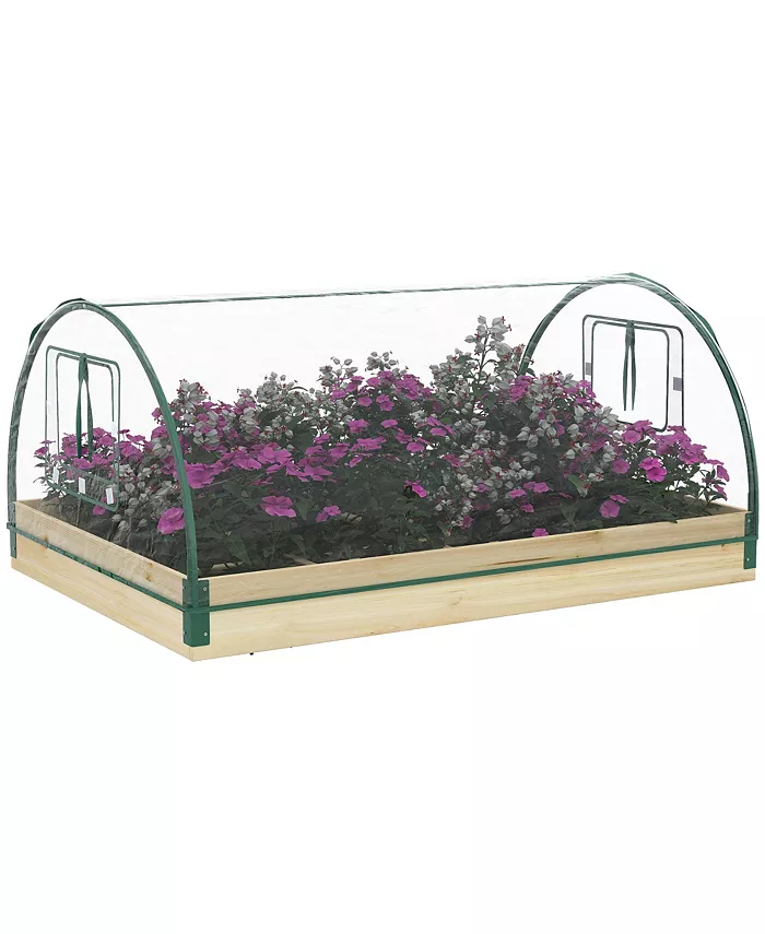 Outsunny 4' x 3' x 2' Raised Garden Bed with Greenhouse， Wooden Planter Box with PVC Plant Cover， Roll Up Windows， Dual Use for Vegetables， Flowers， N - Intensery