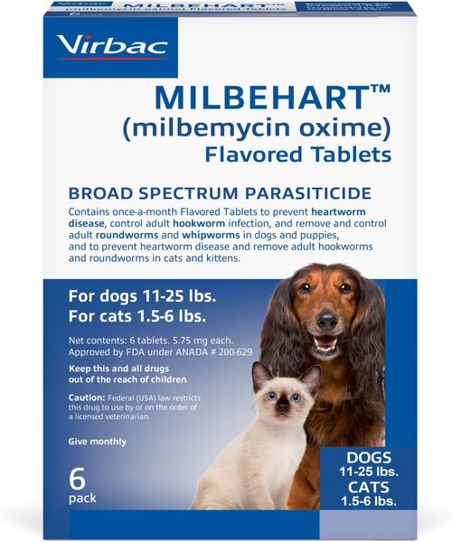 Milbehart Flavored Tablets for Dogs， 11-25 lbs， and Cats， 1.5-6 lbs， (Blue Box) - Intensery