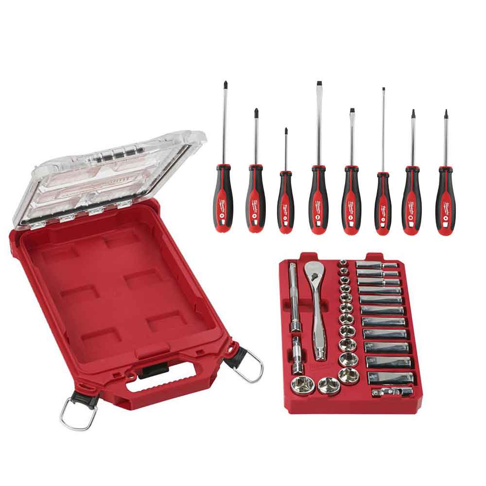 3/8 28 Pc Ratchet and Socket Set with 8pc Screwdriver Set and PACKOUT™ Organizer - Intensery