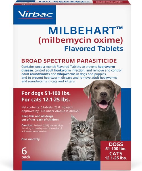Milbehart Flavored Tablets for Dogs， 51-100 lbs， and Cats， 12-25 lbs， (Red Box) - Intensery