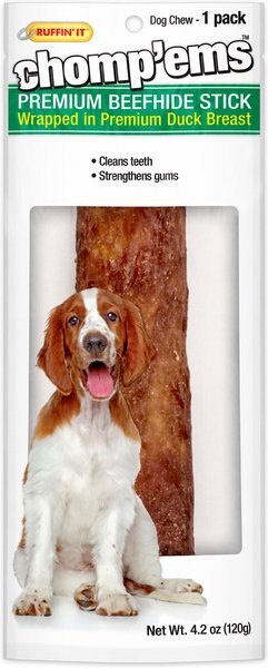 RUFFIN' IT Chomp'Ems Premium Beefhide Stick Duck Dog Treats， 4.2-oz bag - Intensery