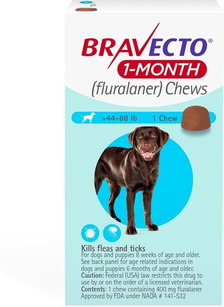 Bravecto 1-Month Chews for Dogs， 44-88 lbs， (Blue Box) - Intensery