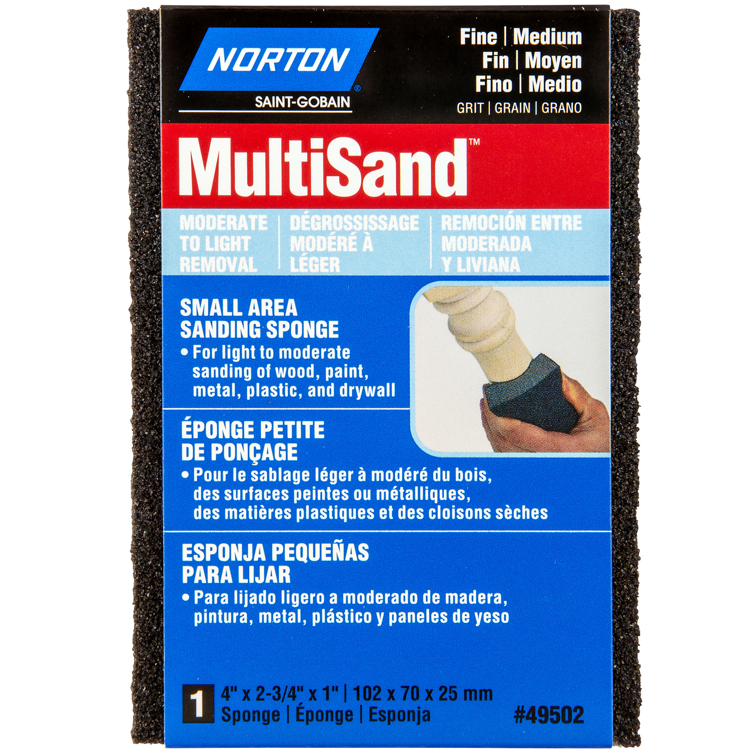 Norton MultiSand 4 in. L X 2.75 in. W X 1 in. 80/120 Grit Fine/Medium Small Area Sanding Sponge - Intensery
