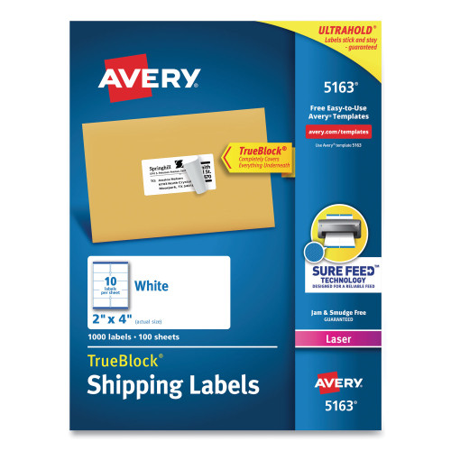 Avery Shipping Labels w/ TrueBlock Technology， Laser Printers， 2 x 4， White， 10/Sheet， 100 Sheets/Box (5163) - Intensery