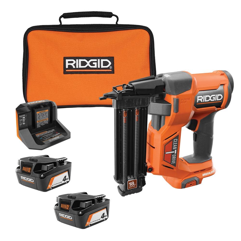 RIDGID 18V Brushless Cordless 18-Gauge 2-1/8 in. Brad Nailer with (2) 4.0 Ah Batteries, Charger, and Bag R09891B-AC93044SBN - Intensery