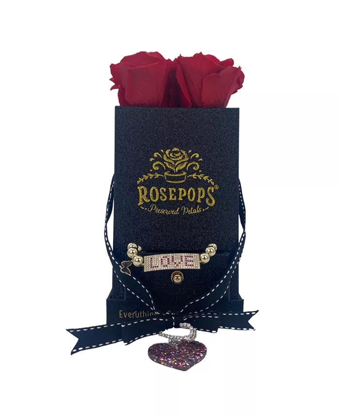 Rosepops Black Glitter Square Box with Drawer and 4 Red Real Preserved Roses - Intensery