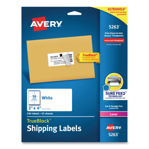Avery Shipping Labels w/ TrueBlock Technology， Laser Printers， 2 x 4， White， 10/Sheet， 25 Sheets/Pack (5263) - Intensery