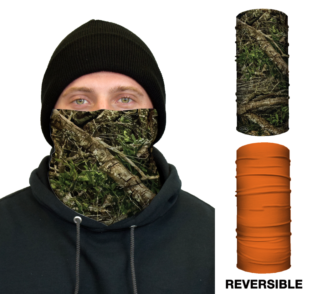 John Boy Thermal Face GuardReversible Tree Camo and Orange Pattern - Intensery