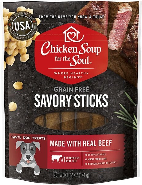Chicken Soup for the Soul Savory Sticks Real Beef Grain-Free Dog Treats， 5-oz bag - Intensery