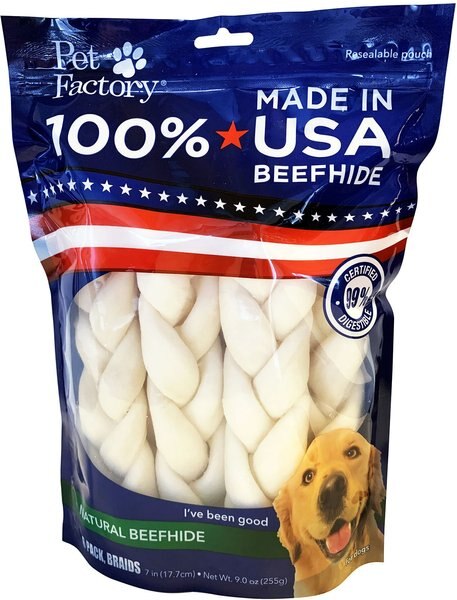 Pet Factory Beefhide 7-inch Braided Sticks Natural Flavored Dog Hard Chews， 6 count - Intensery