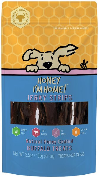 Honey I'm Home! Jerk Strips Natural Honey Coated Buffalo Grain-Free Dog Treats， 3.5-oz bag - Intensery