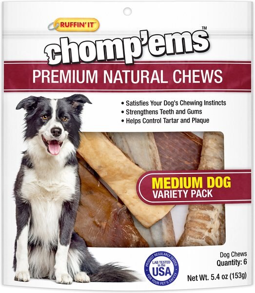 RUFFIN' IT Chomp'ems Premium Natural Chews Variety Pack Medium Dog Bone Treats， 6 count - Intensery