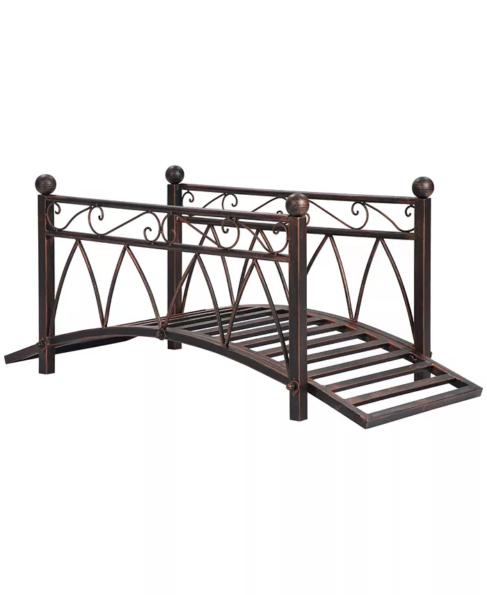 Outsunny 3.3' Metal Arch Zen Garden Bridge with Safety Siderails， Decorative Footbridge， Delicate Scrollwork Corner Spheres for Stream， Fish Pond， Bla - Intensery