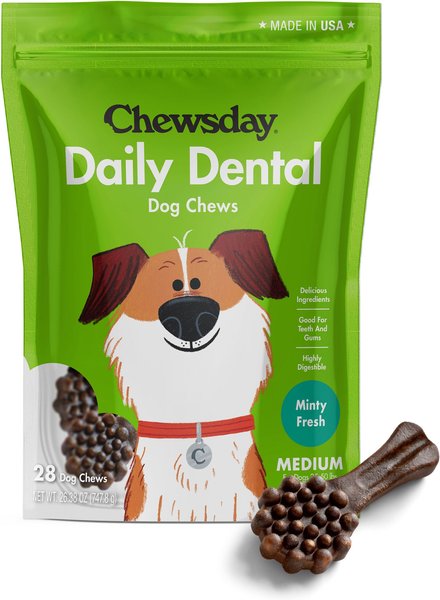 Chewsday Minty Fresh Daily Dental Dog Dental Treats， 28 count， Medium - Intensery